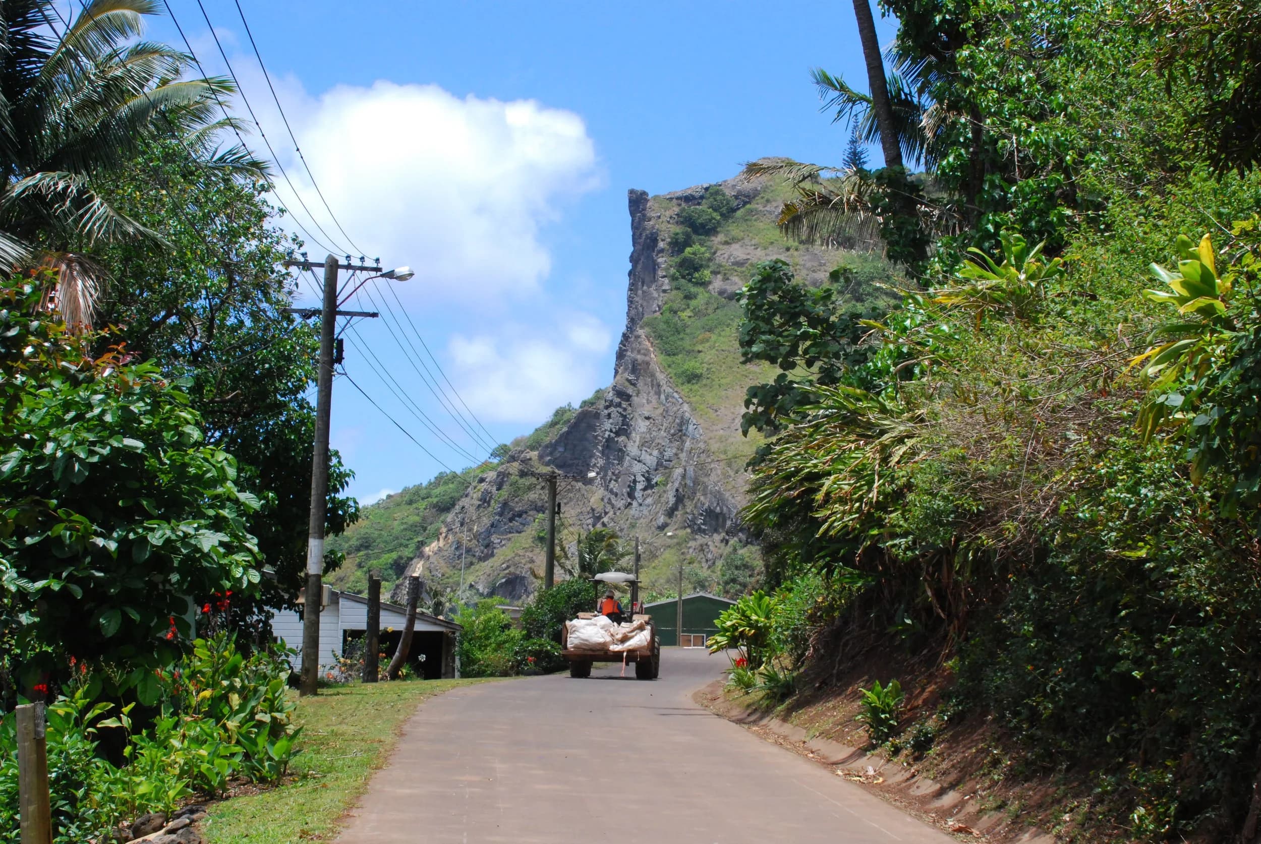 A scenic road with a tractor driving on it, surrounded by lush green trees and vegetation, next to a steep rocky hill under a blue sky.