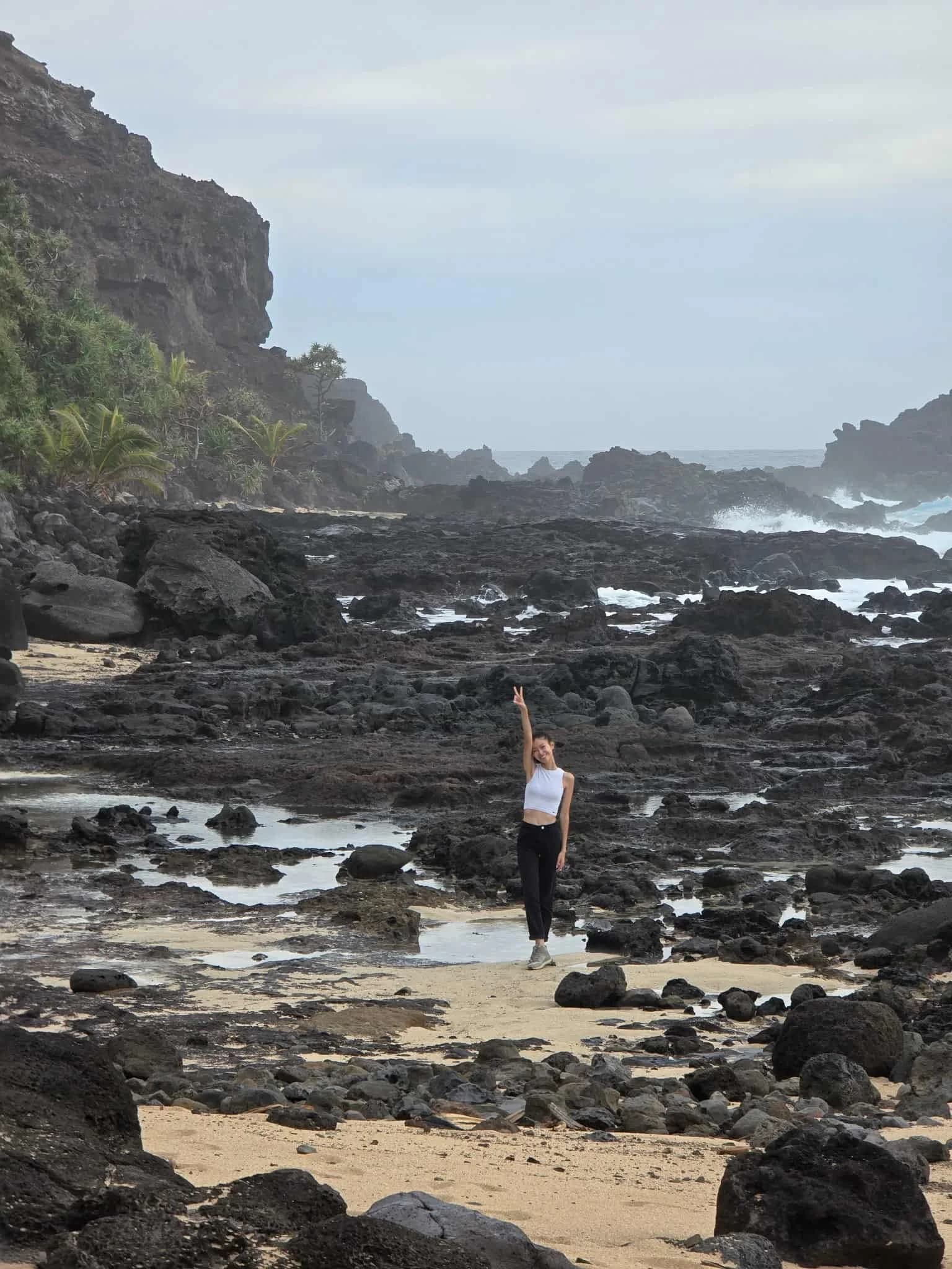 A person with an arm raised, standing on a rocky shore below green cliffs