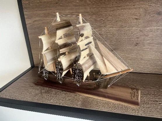 A model sailing ship in a wooden display case